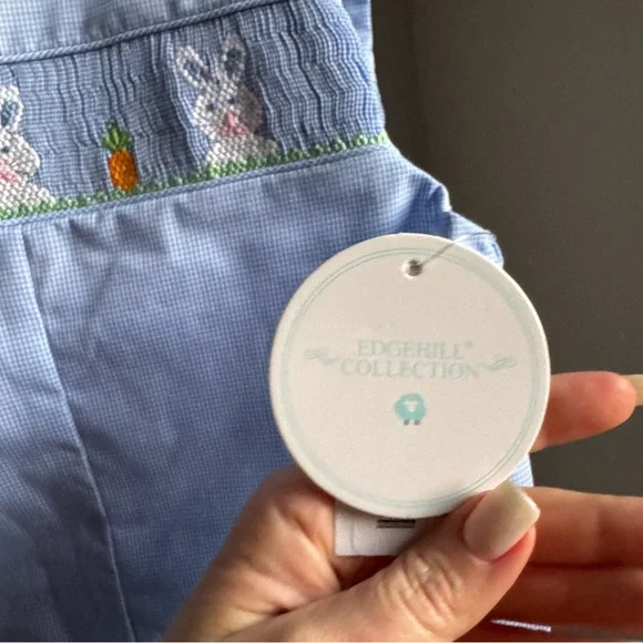 NWT Edgehill Collection Baby Boys Smocked Bunny Jon Jon Romper Sz 12M - Picture 4 of 7